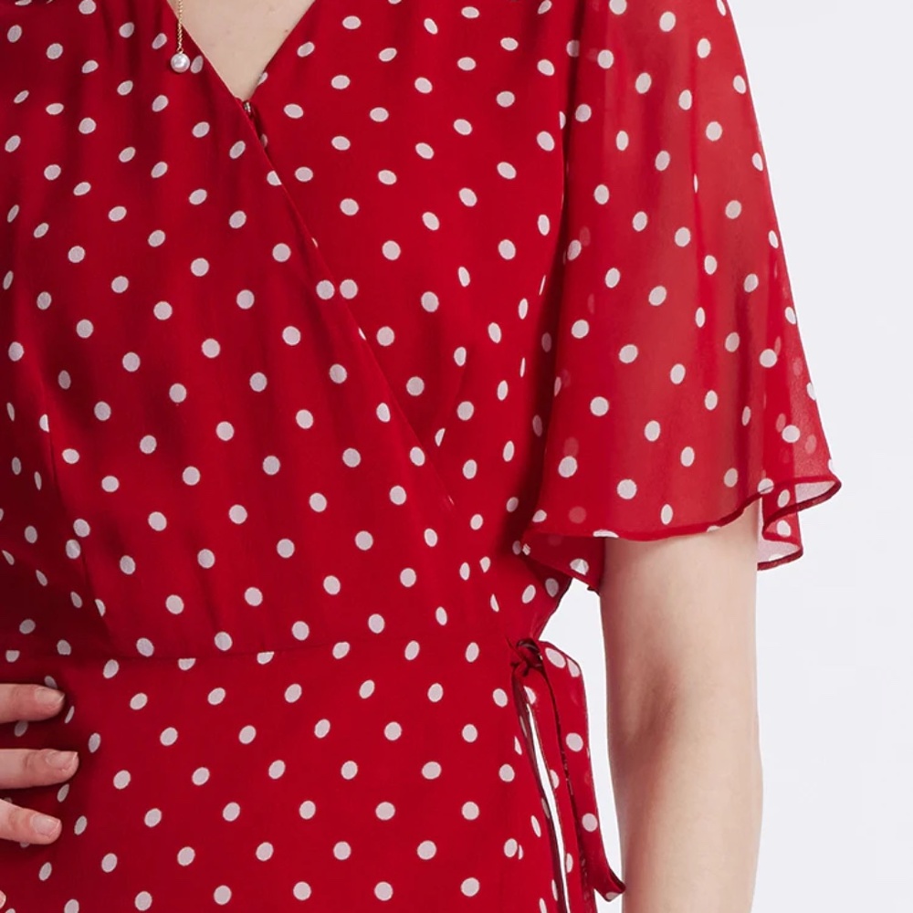 10 Momme Mulberry Silk Polka Dots Print Wrapped Ruffle Women Midi Dress - Xxs View 3